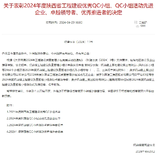 喜報(bào)！陜西建筑產(chǎn)業(yè)投資集團(tuán)QC成果在陜西省工程建設(shè)質(zhì)量管理小組競(jìng)賽中斬獲佳績(jī)